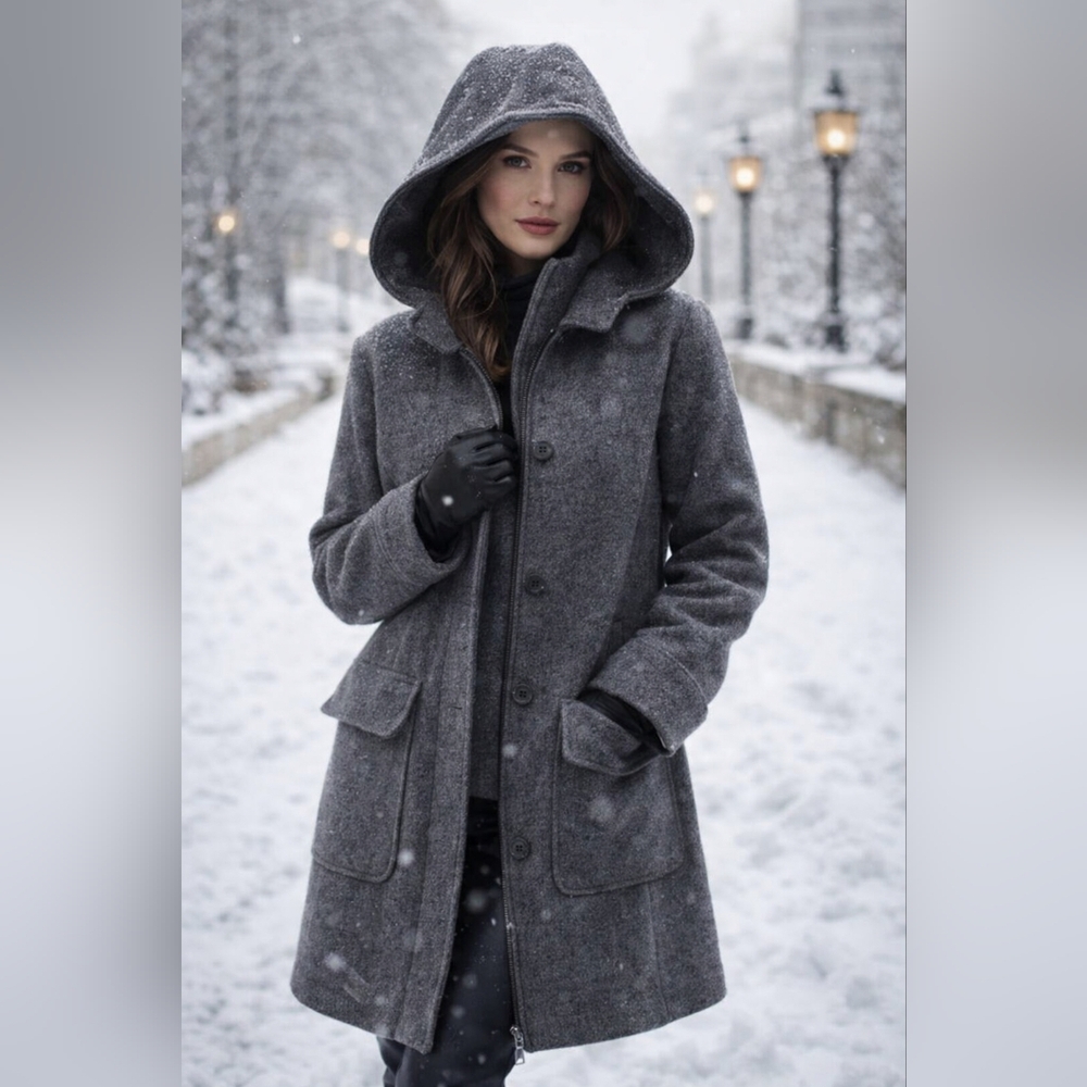 Vintage London Fog Wool Hooded Coat Gray Tweed Winter Timeless Classic Womens XL